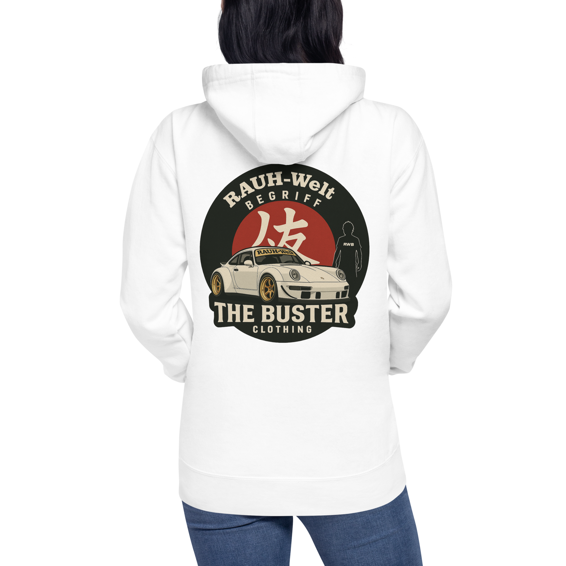 White hoodie featuring a detailed front graphic of a white RWB widebody Porsche; minimalist streetwear design for car enthusiasts by The Buster Clothing.