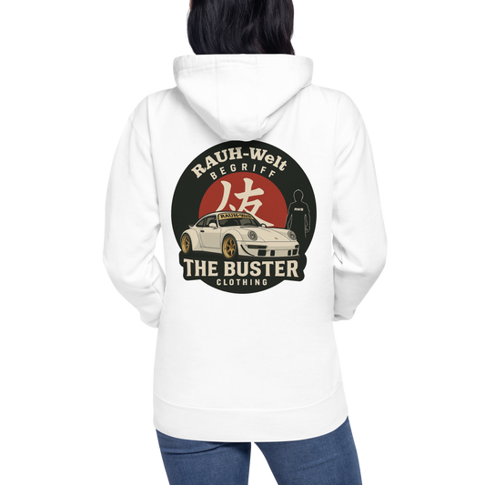 White hoodie featuring a detailed front graphic of a white RWB widebody Porsche; minimalist streetwear design for car enthusiasts by The Buster Clothing.