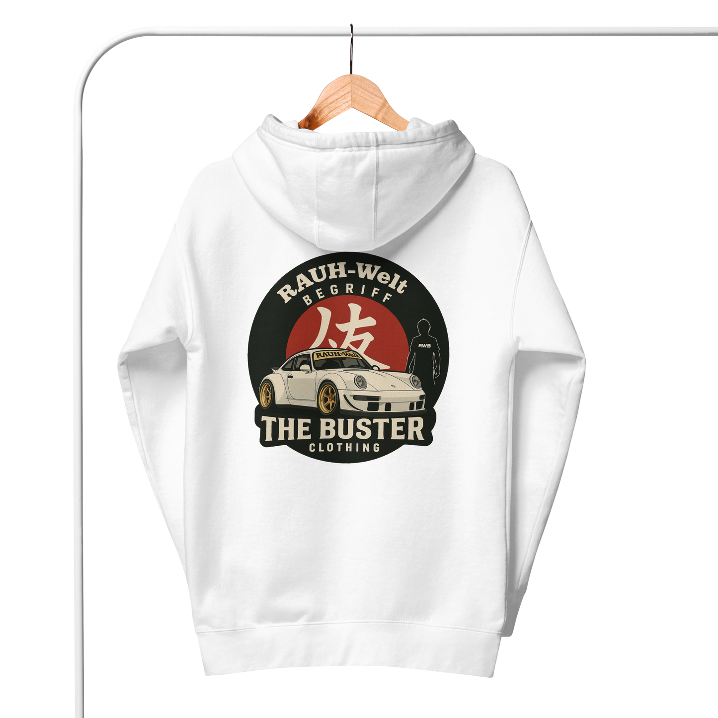 White hoodie featuring a detailed front graphic of a white RWB widebody Porsche; minimalist streetwear design for car enthusiasts by The Buster Clothing.