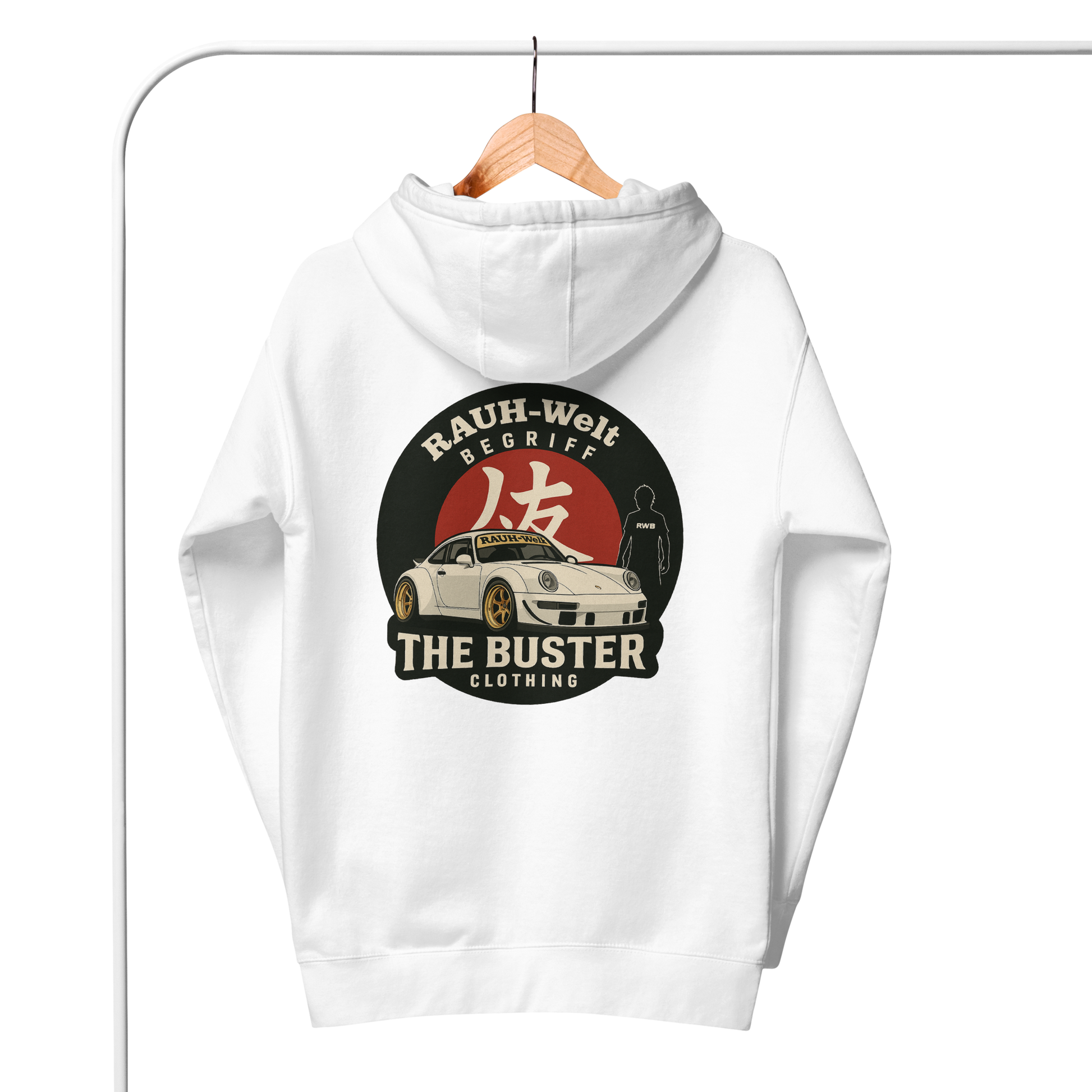 White hoodie featuring a detailed front graphic of a white RWB widebody Porsche; minimalist streetwear design for car enthusiasts by The Buster Clothing.