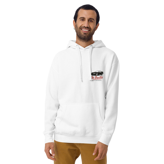 White hoodie featuring a detailed front graphic of a white RWB widebody Porsche; minimalist streetwear design for car enthusiasts by The Buster Clothing.