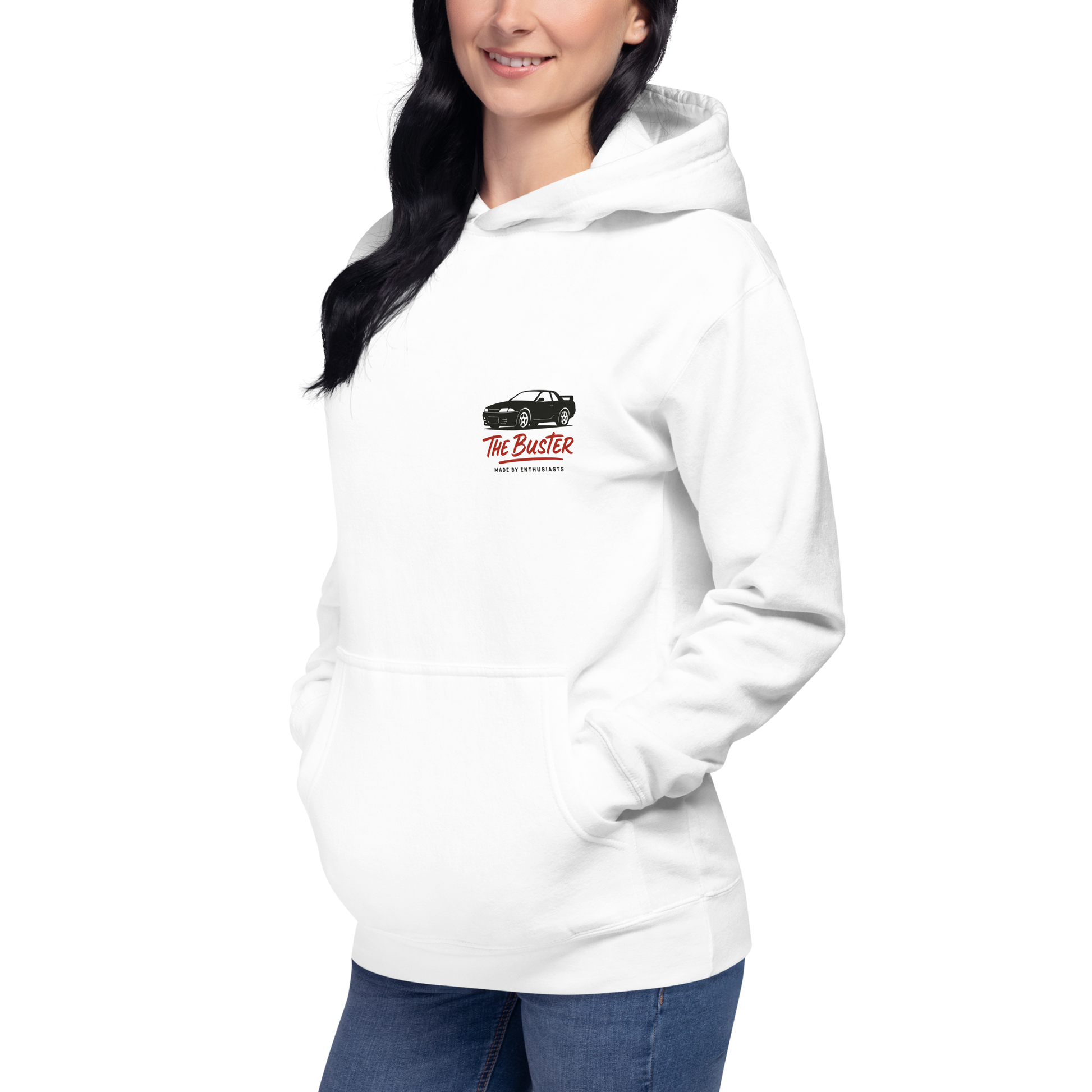 White hoodie featuring a detailed front graphic of a white RWB widebody Porsche; minimalist streetwear design for car enthusiasts by The Buster Clothing.